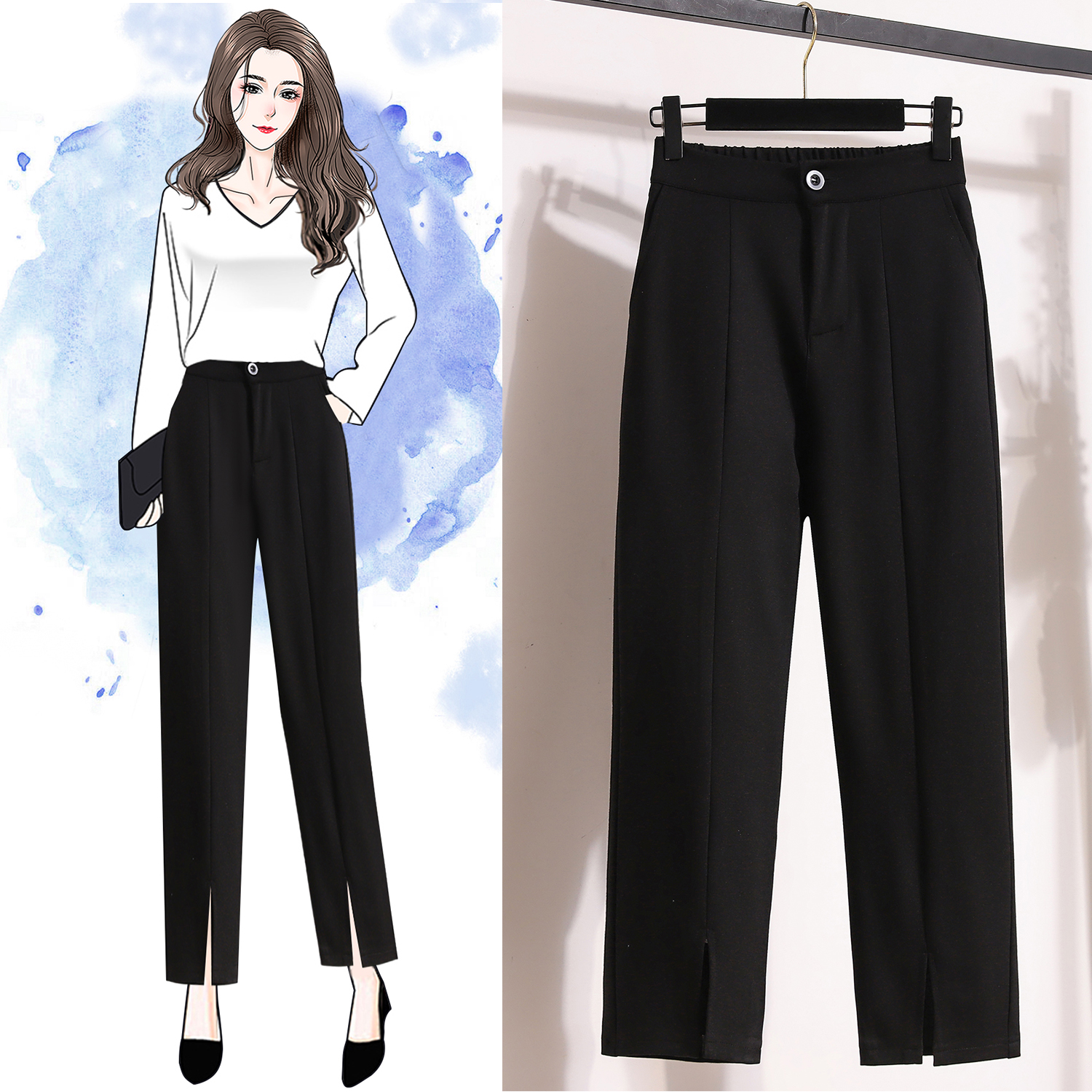 Fat girl with pear-shaped figure, plus size slimming high-waisted slimming slit straight leg commuting nine-point pants
