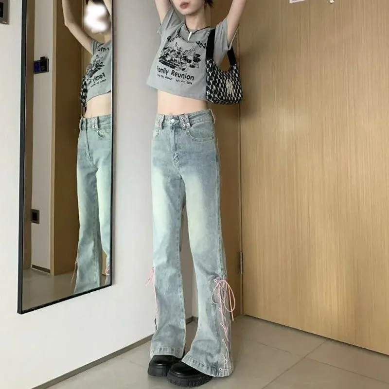 設計感小眾綁帶微喇褲復古高腰牛仔褲女秋辣妹顯瘦直筒喇叭褲子秋