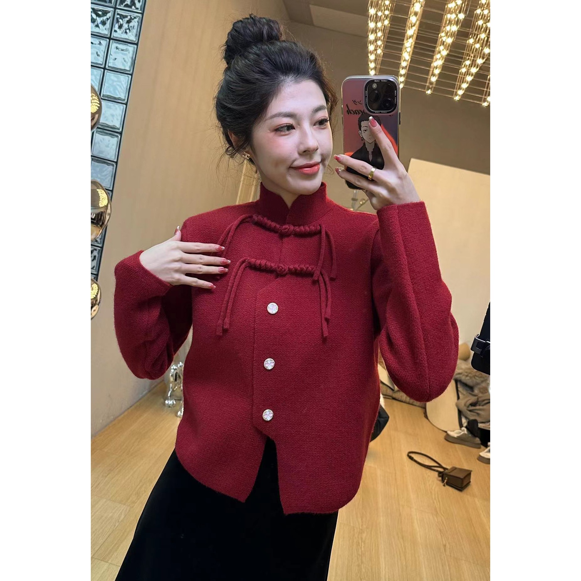 Retro red national style jacket new Chinese style plate button stand collar cardigan sweater women's fashionable age-reducing autumn and winter New Year's top