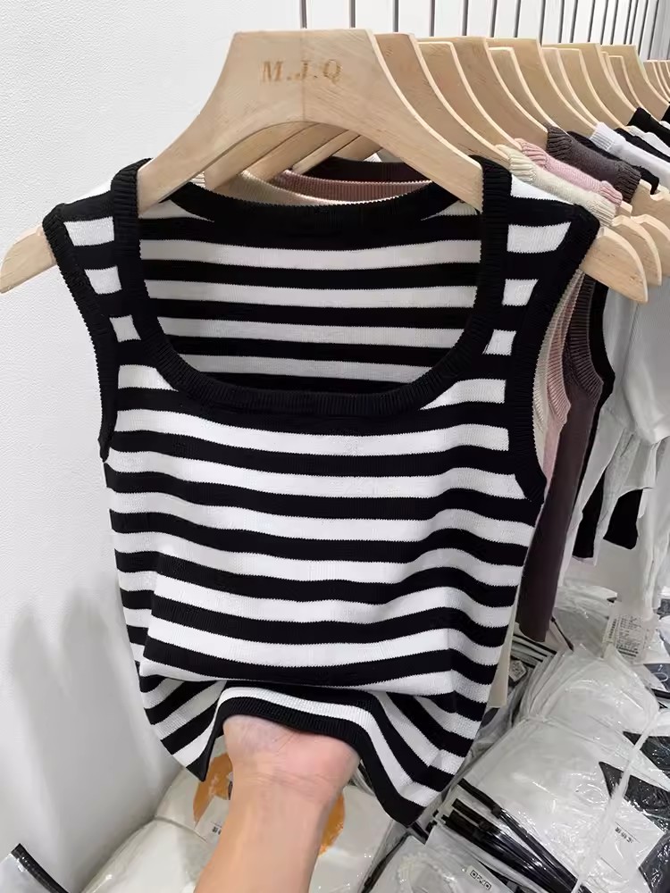 2024 new summer style contrast striped camisole fat mm large size inner knitted sleeveless outer top for women