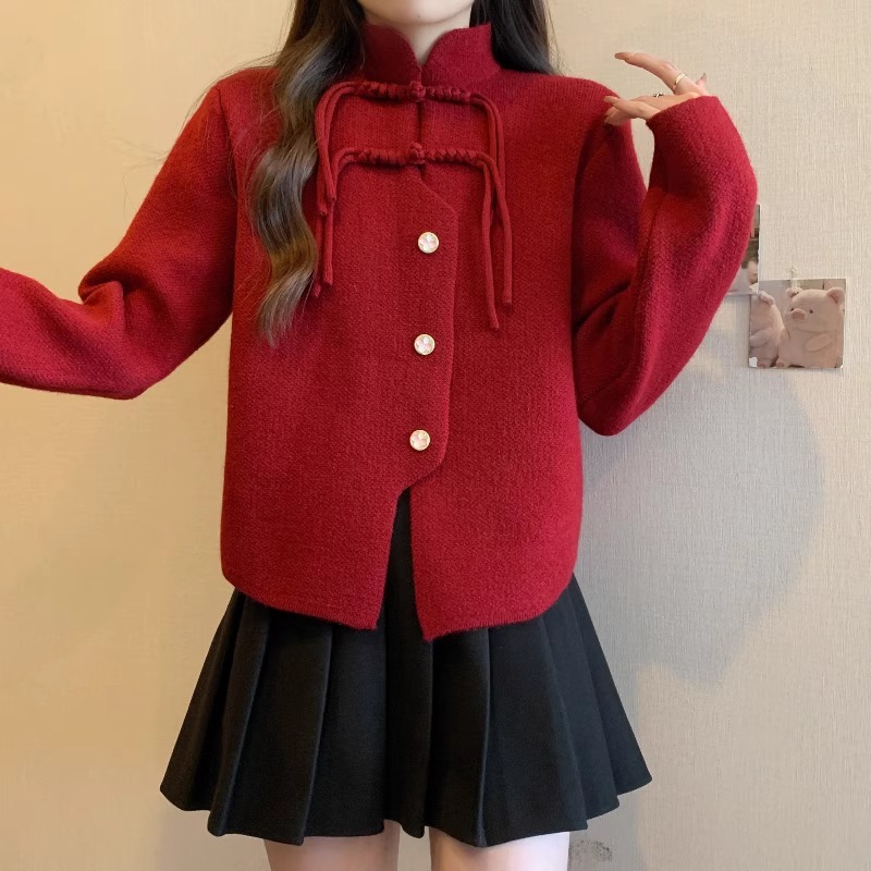 毛衣開衫外套女2024春秋冬過年新中式流蘇盤扣洋氣國風針織上衣潮