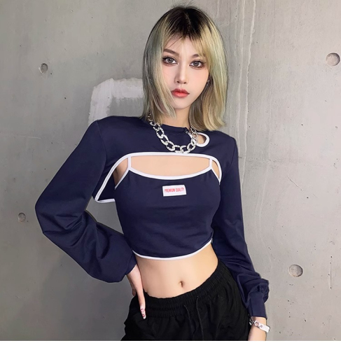 Official photo of a camisole inside, a personalized hollow outer blouse, two-piece set for women, a designer long-sleeved suit top