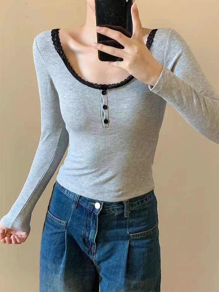 Delong Korean style hot girl design long-sleeved T-shirt for women spring and autumn 2024 new slim fit short top