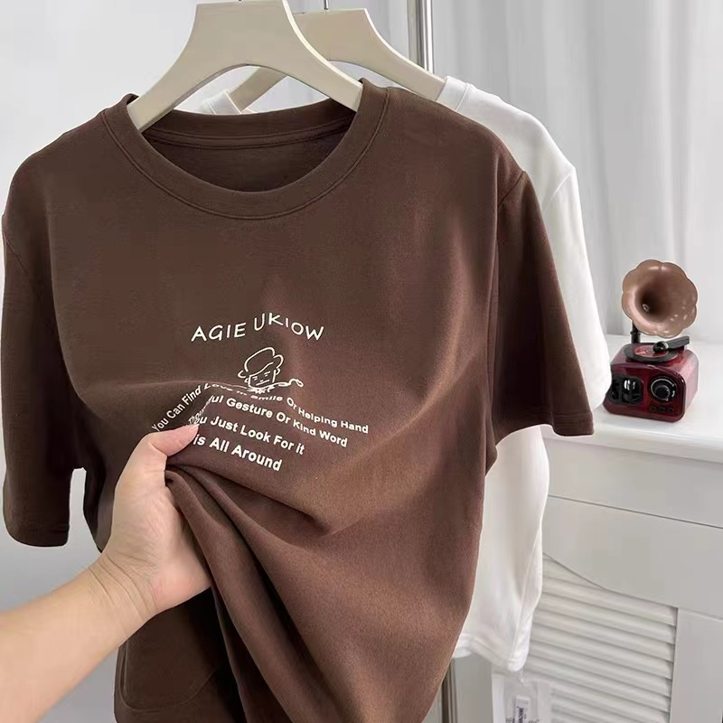Silk cotton double-sided velvet short-sleeved T-shirt for women in autumn with American printed bottoming shirt and trendy top