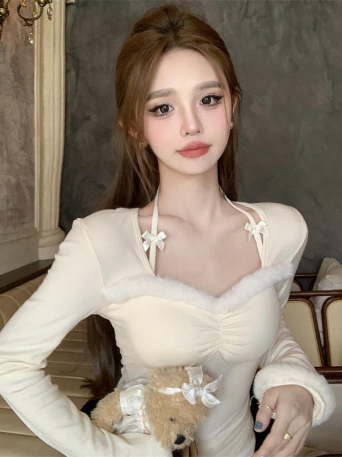 DeRong Pure Desire Design Halter Neck Furry Splicing Square Neck Top for Hot Girls Autumn New Bottoming Long Sleeve T-shirt