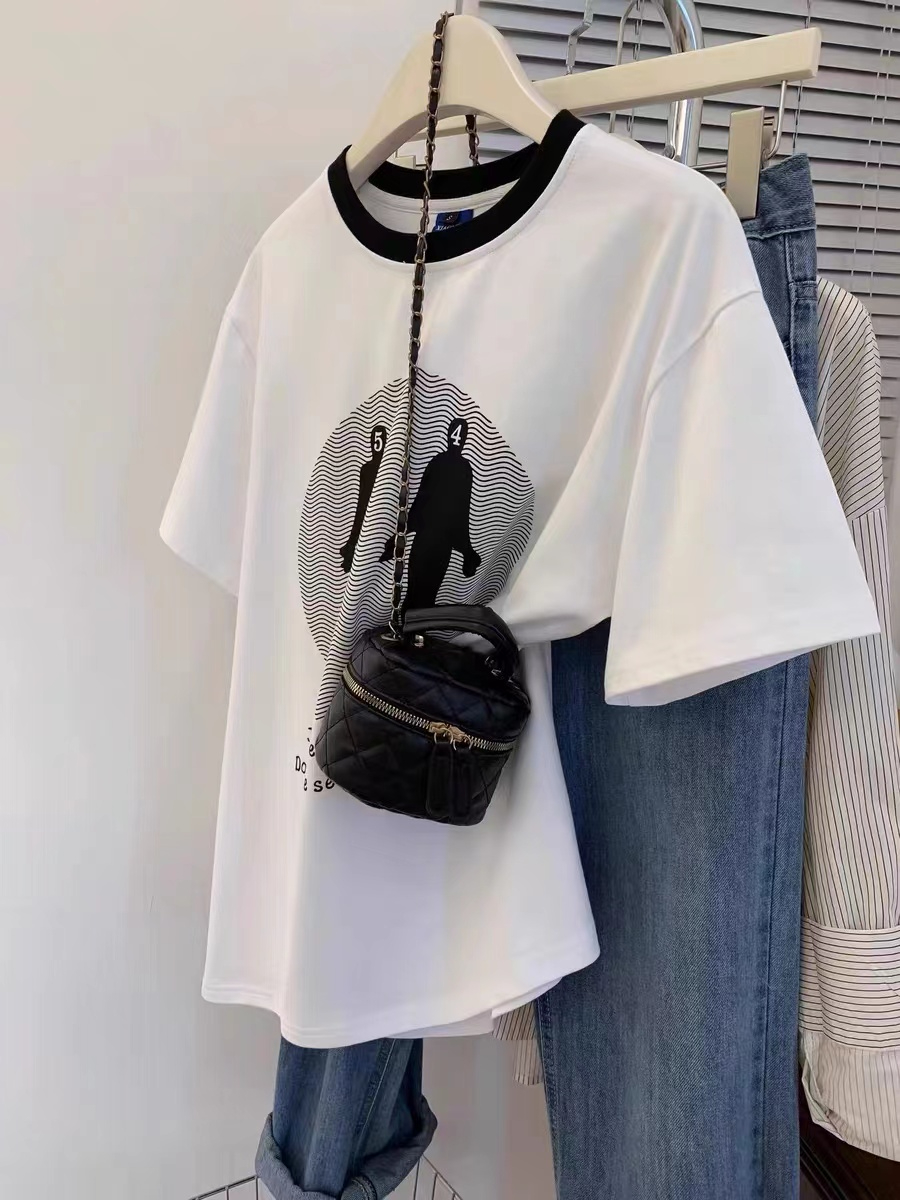 Silk cotton double-sided velvet American retro right shoulder T-shirt women's design short-sleeved T-shirt top