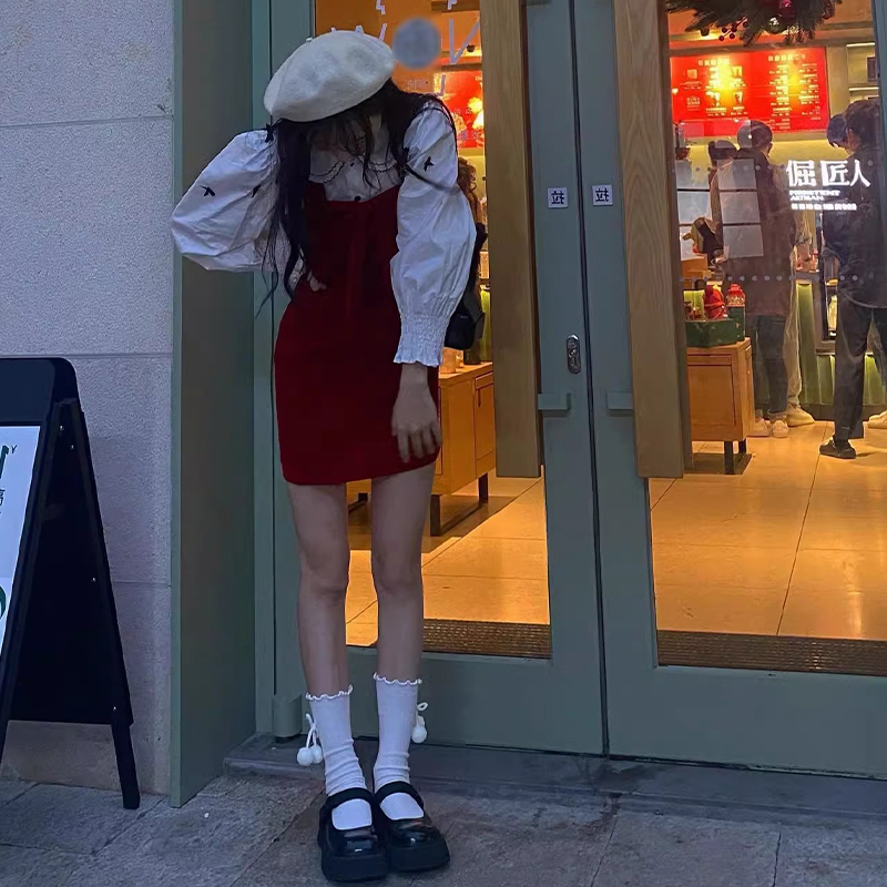 本命拜年服搭配一整套裝短裙春2024秋冬季新款紅色背帶連衣裙子女