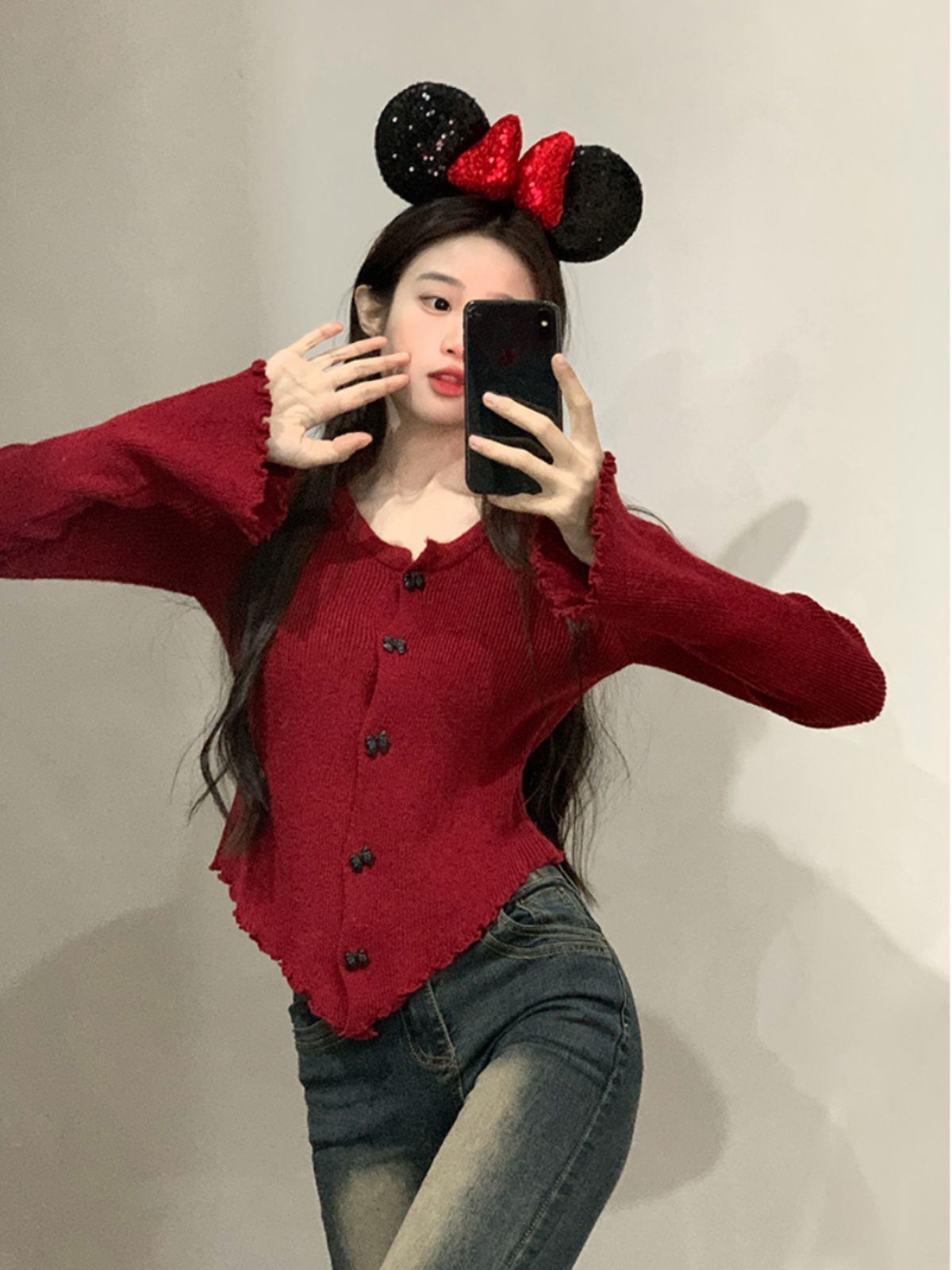 New Year Red Knitwear Women's Autumn and Winter 2024 New Sweet Hot Girl Bell Sleeve Top Irregular Long Sleeve Bottoming Shirt