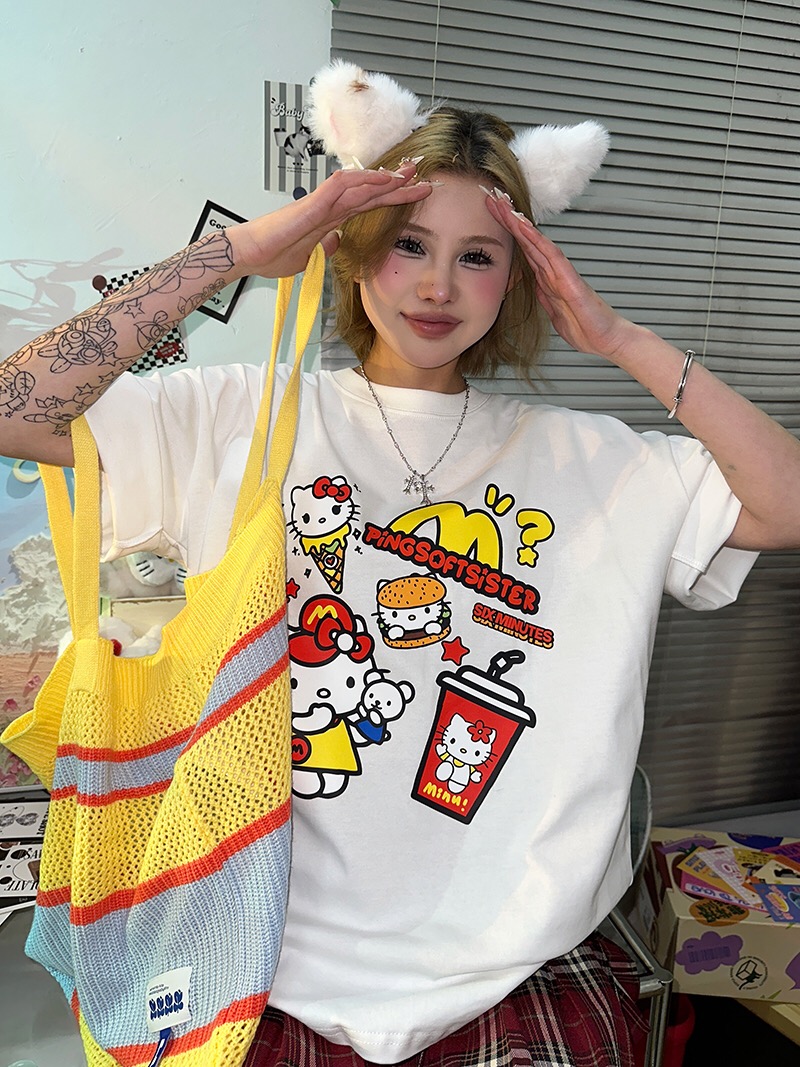 2024夏季美式卡通短袖m記麥勞kt貓搞怪T恤女卡通百搭情侶