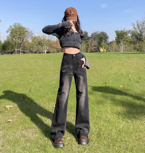 Real shot!  Retro washed black micro-flare jeans women's high street high waist loose wide leg floor mopping pants