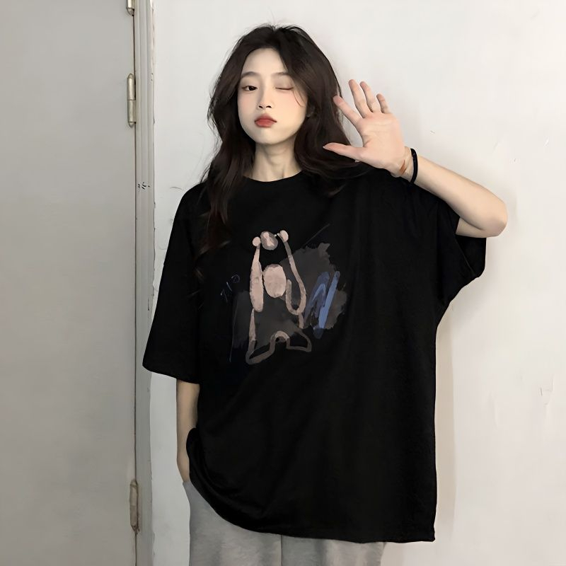 原版220克大碼純棉純棉短袖T恤女嗚嗚熊印花上衣2024夏季新款