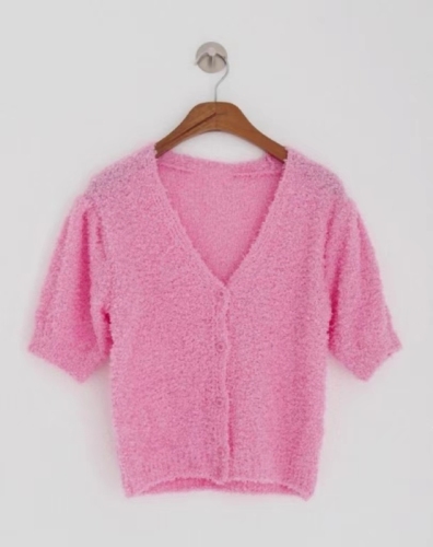 Korea puff short-sleeved V-neck soft velvet knit top 4 colors