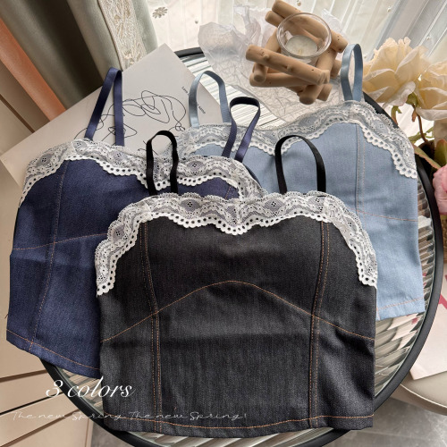 Real shot of early spring sexy design spliced ​​lace straps denim vest tube top for women