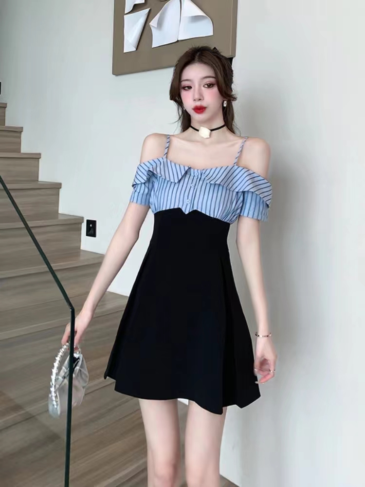 Sweet and spicy style slimming and flesh-covering short one-shoulder suspender dress blue vertical stripes splicing dress