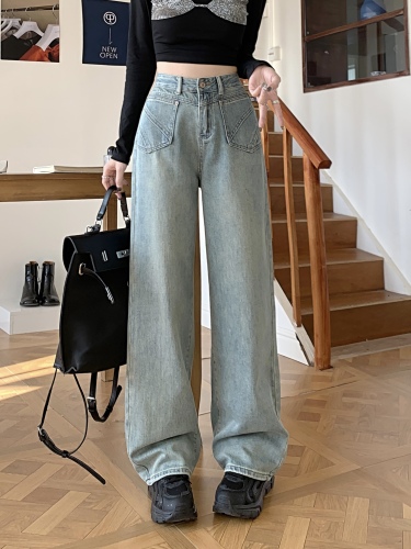 Actual shot of 2024 spring new retro light-colored jeans for women, designer high-waisted straight wide-leg pants, floor-length trousers