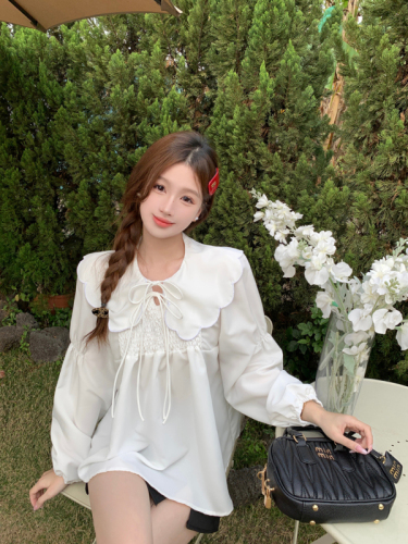 Real shot of Korean retro sweet girl loose lace-up doll collar shirt 2024 spring new inner top