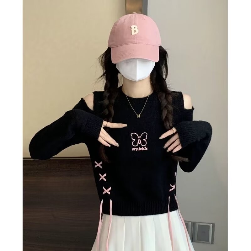 2024 early autumn new style sweet and cool off-shoulder knitted sweater long-sleeved T-shirt for small people slim hot girl short top