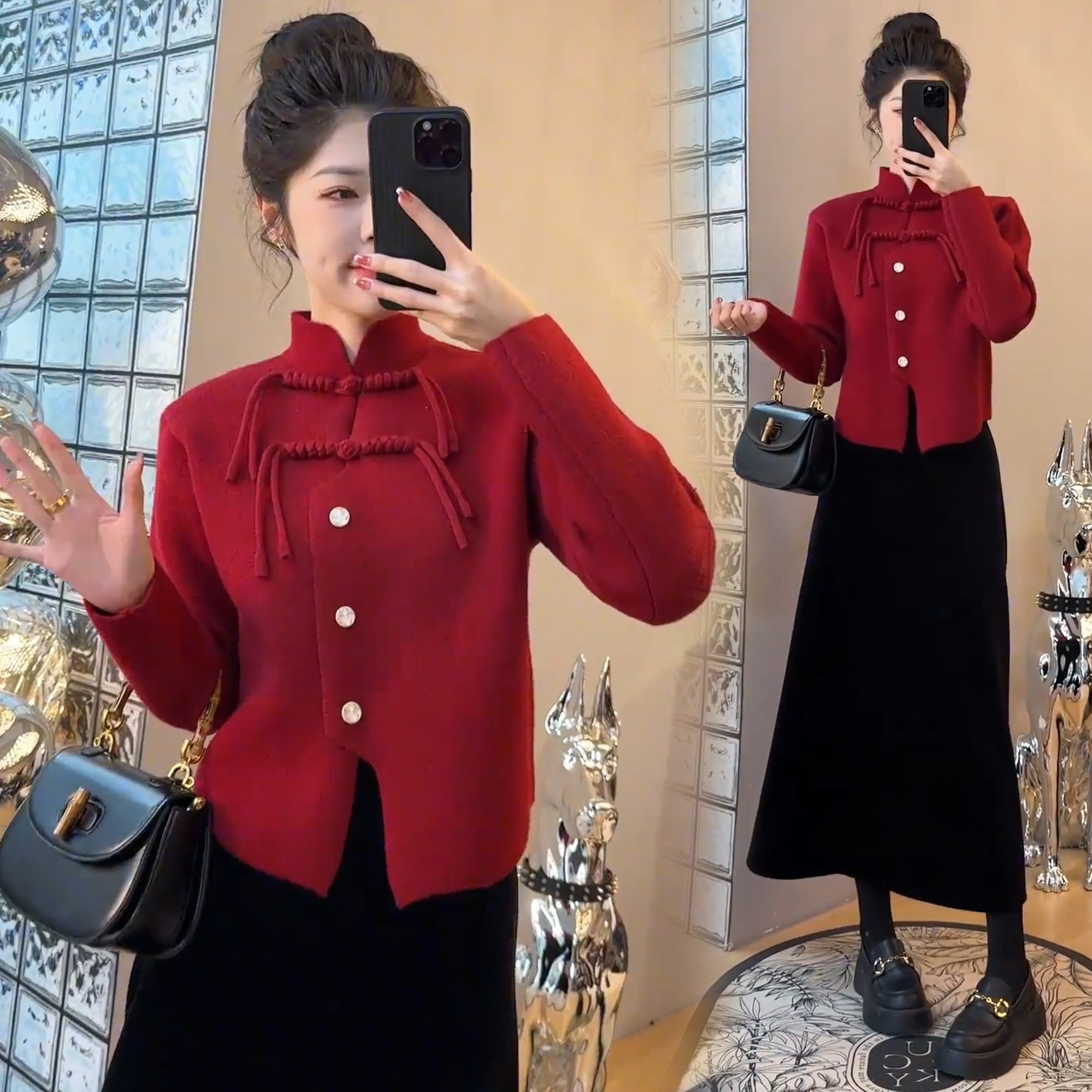 Designed with a sense of foreign style, new Chinese style tassel plate button stand collar cardigan sweater 2024 retro fashion foreign style knitted
