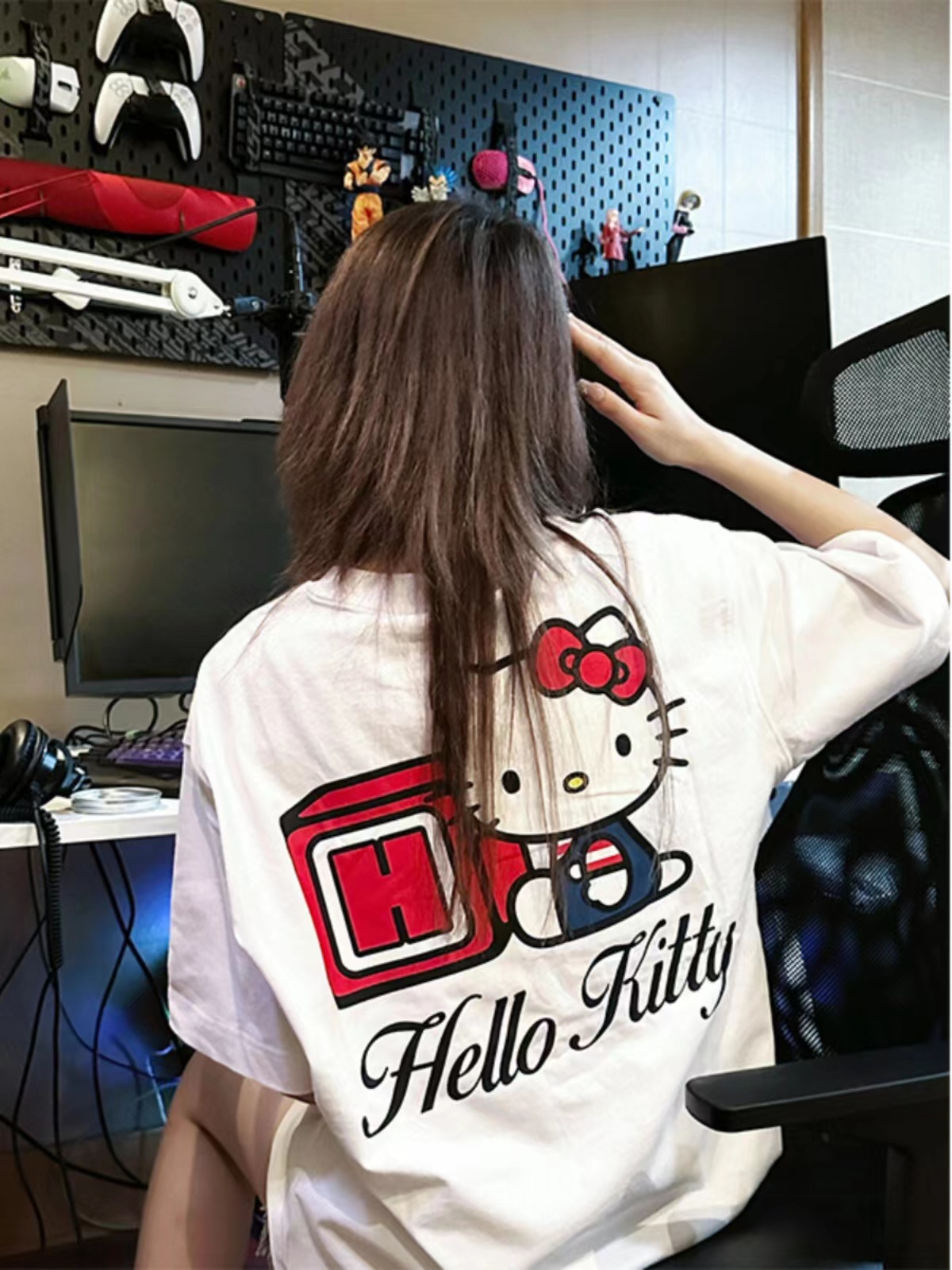 國潮學院風HelloKitty短袖T恤女夏季新款oversize情侶半袖上衣潮