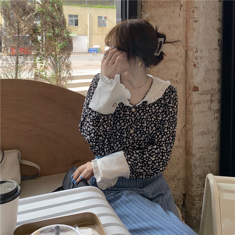 法式復古娃娃領碎花襯衫女設計感小眾2024年春季港味v領雪紡上衣