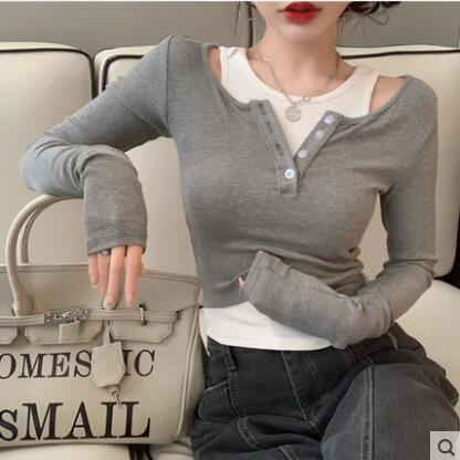Spring and autumn long-sleeved fake two-piece tops for women in autumn new sexy pure desire long-sleeved T-shirt bottoming shirt for women