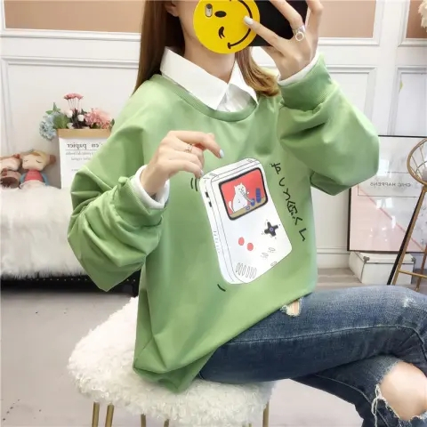 首發實拍6535魚鱗假兩件衛衣女薄款白色襯衫領polo學生閨蜜裝