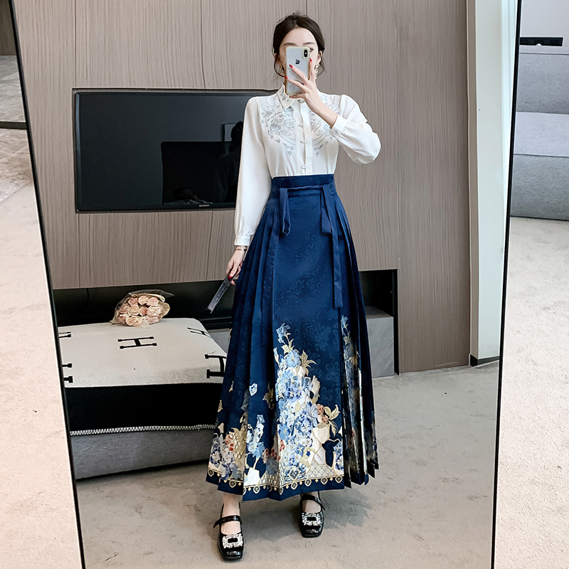 實拍  新中式國風青花碎玉刺繡襯衫馬面裙青花瓷明制漢服女