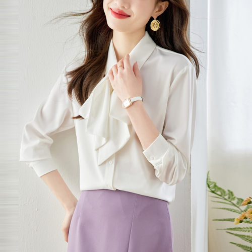 Real shot monthly sales 800+ bow chiffon shirt women's long sleeve 2024 spring and autumn new temperament ribbon shirt