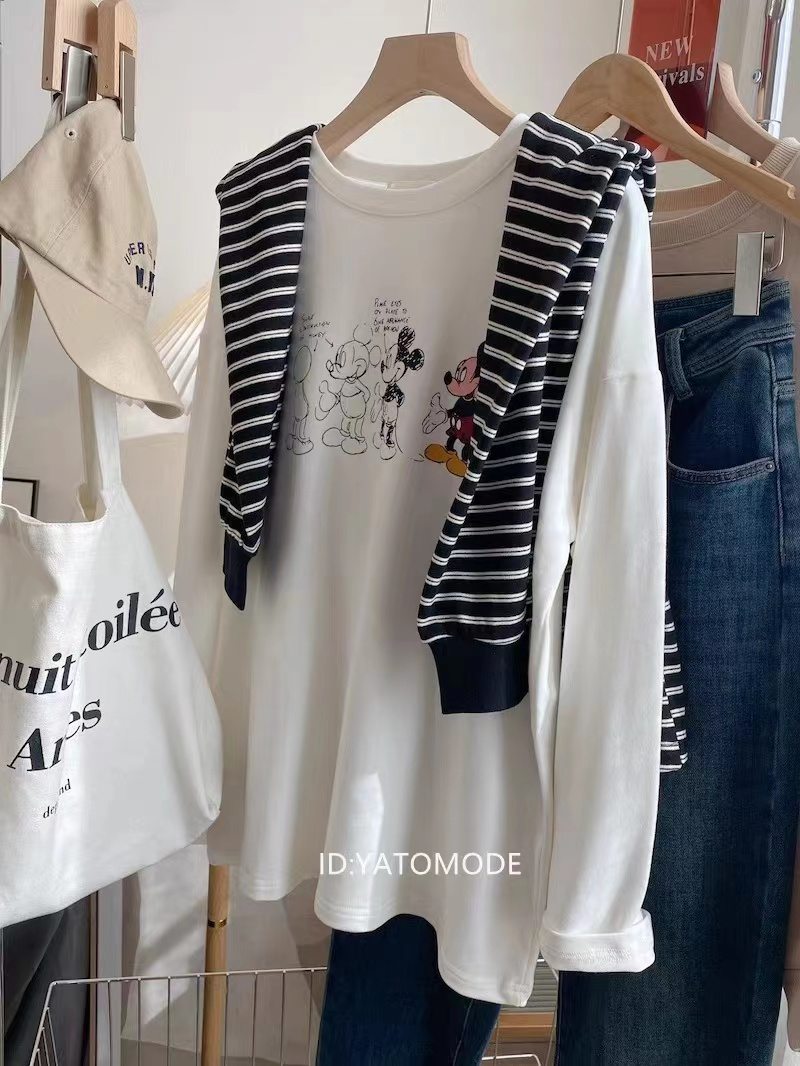 Silk cotton double-sided velvet long-sleeved casual retro cartoon print round neck Mickey Mouse versatile base layer top