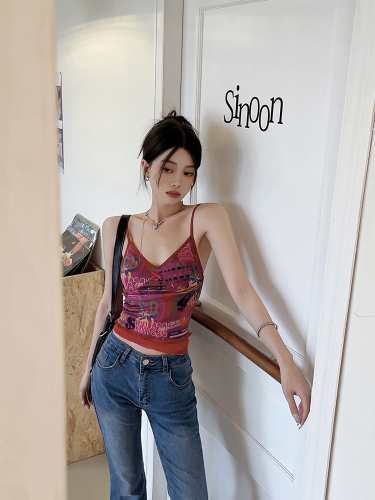 Real shot of sweet and spicy retro pink fun graffiti print double layer mesh camisole