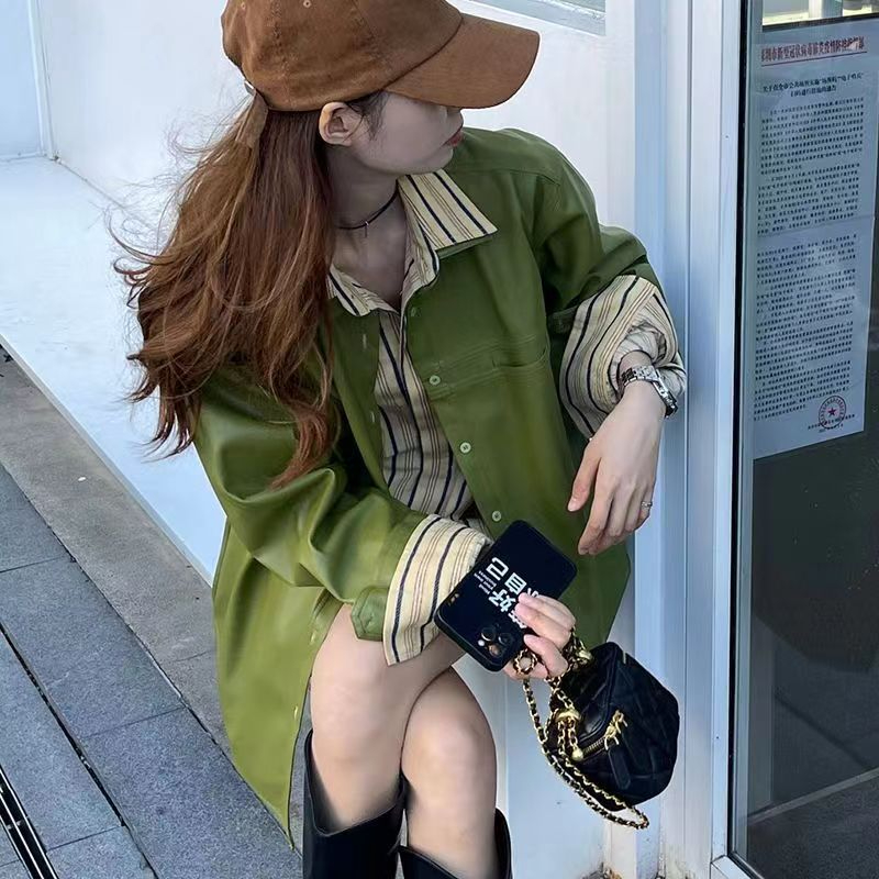 American retro PU leather jacket for women, spring and autumn design niche jacket, high-end mid-length versatile trendy brand top