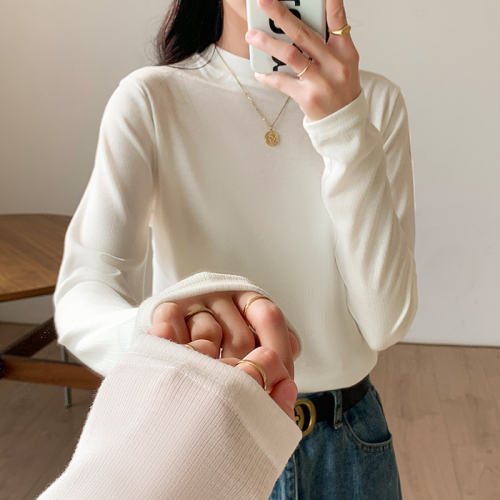 Right shoulder stand collar bottoming shirt for women, white long-sleeved T-shirt with autumn and winter velvet slim fit top