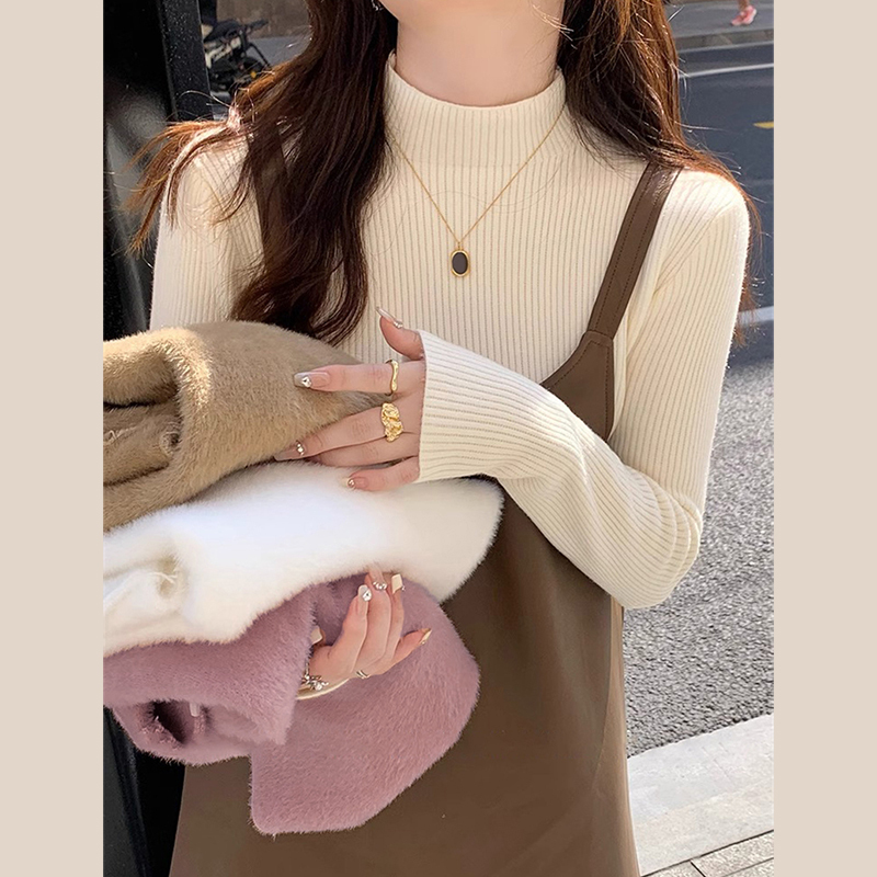 加絨加厚修身顯瘦半高領針織衫女秋冬季內搭打底衫高級感毛衣上衣