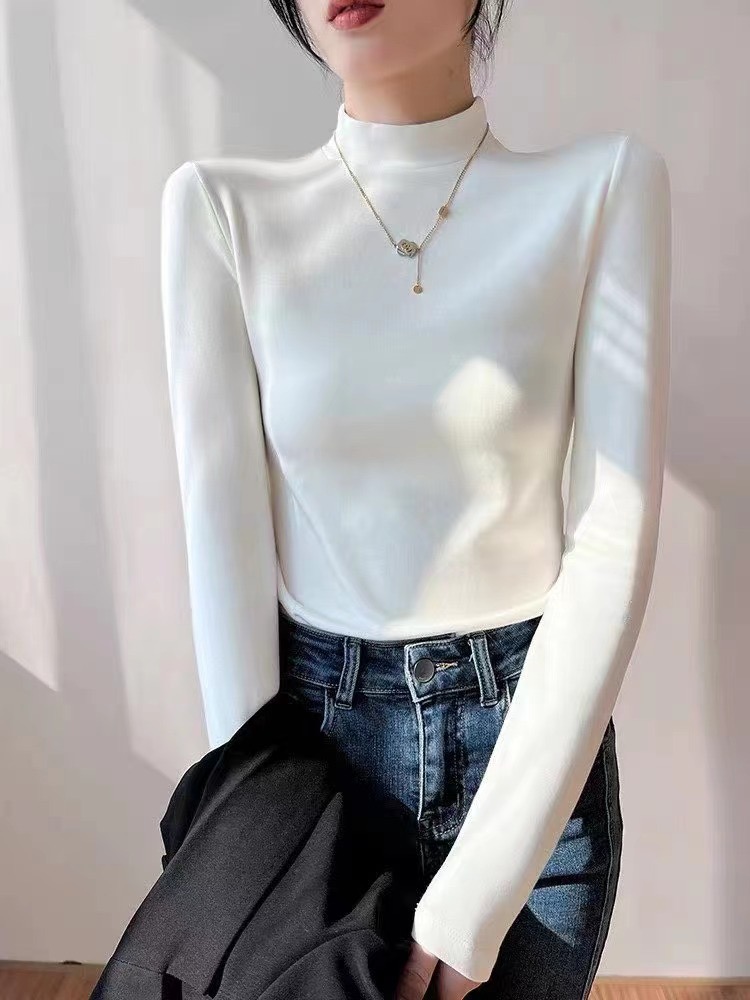 Half turtleneck white bottoming shirt for women, autumn and winter long-sleeved T-shirt for women, medium collar, slim fit, thickened brushed inner top