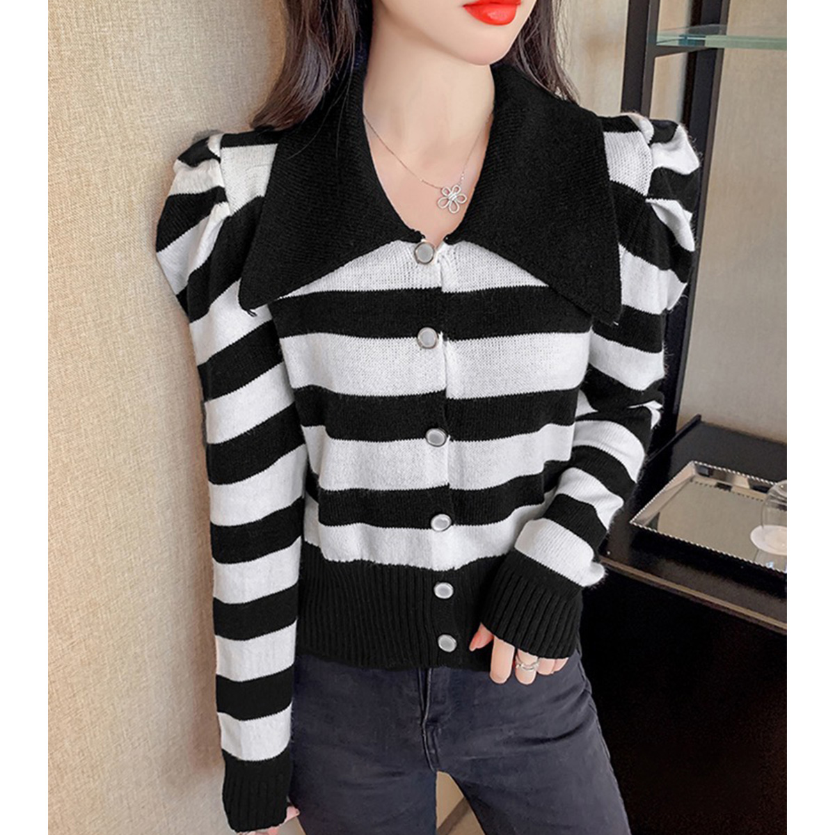 Quality Inspection Official Picture Sweater Bottoming Shirt Women's Winter Design Doll Collar Top Loose Short Long Sleeve Jacket