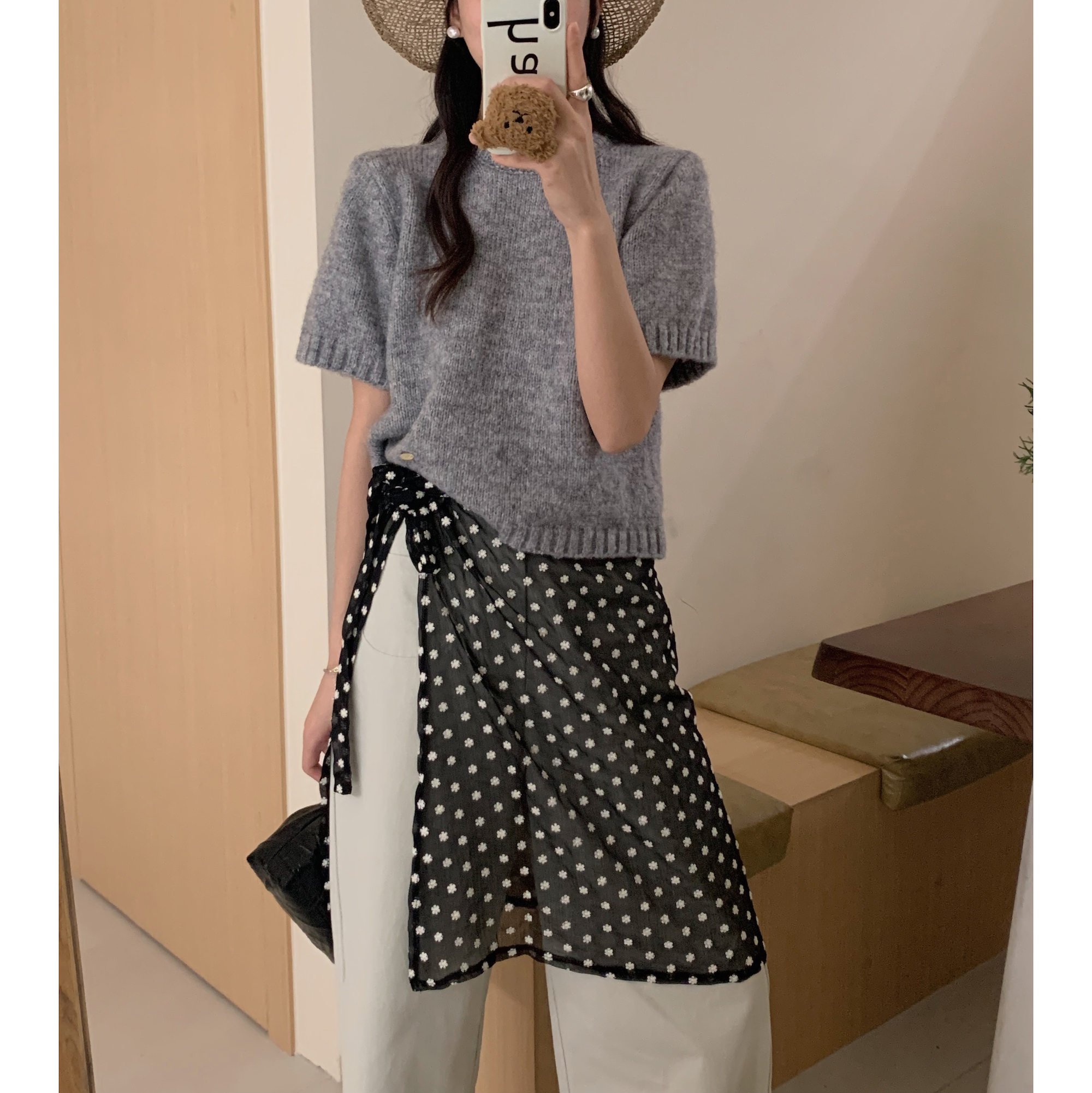Real shot 24 early spring Korean style layering embroidery one-piece skirt vs short-sleeved sweater suit