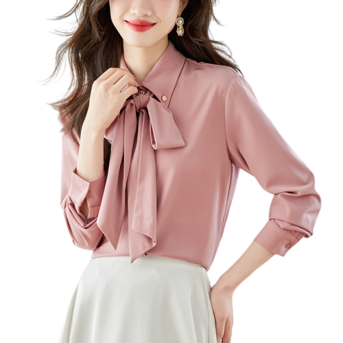 Real shot monthly sales 800+ bow chiffon shirt women's long sleeve 2024 spring and autumn new temperament ribbon shirt