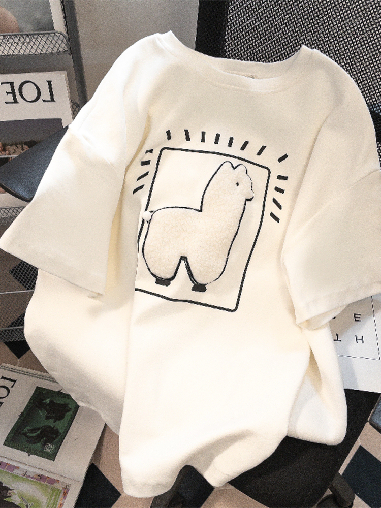 白色羊駝刺繡短袖t恤女夏季設計感小眾純棉打底衫寬鬆半袖上衣春