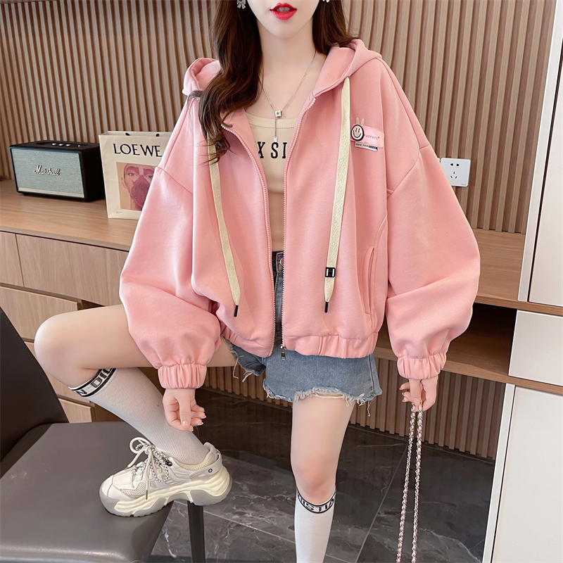 Real shot-2024 spring Chinese cotton composite Korean style loose zipper hooded thin sweatshirt for women