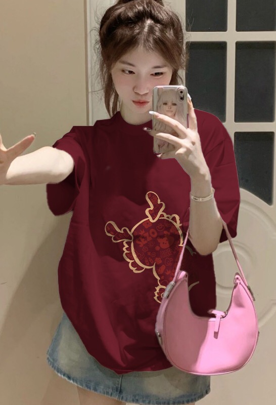 龍年酒紅色短袖t恤女2024新款春夏本命年寬鬆半袖體恤打底上衣ins
