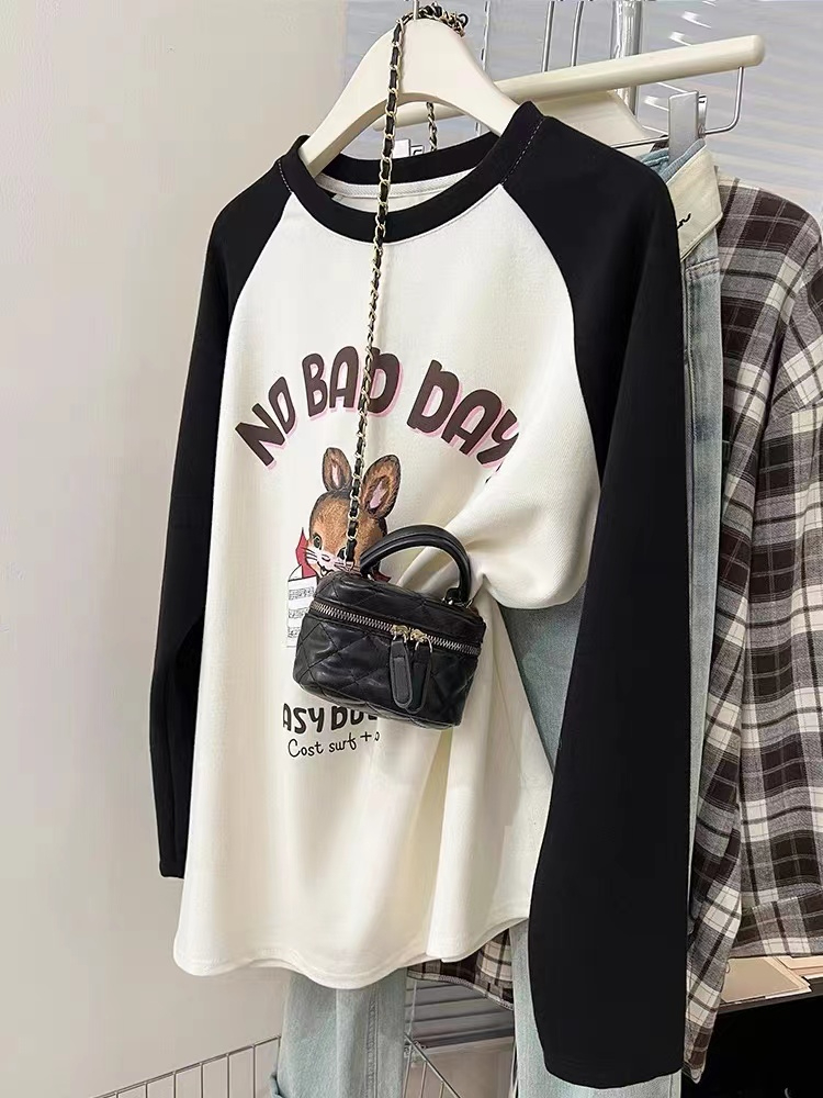 Silk cotton double-sided velvet rabbit raglan sleeve long-sleeved T-shirt women's autumn and winter niche bottoming shirt top