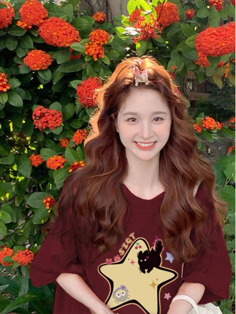 Pure cotton heavyweight burgundy short-sleeved T-shirt for women 2024 new summer loose lazy style design top trendy brand
