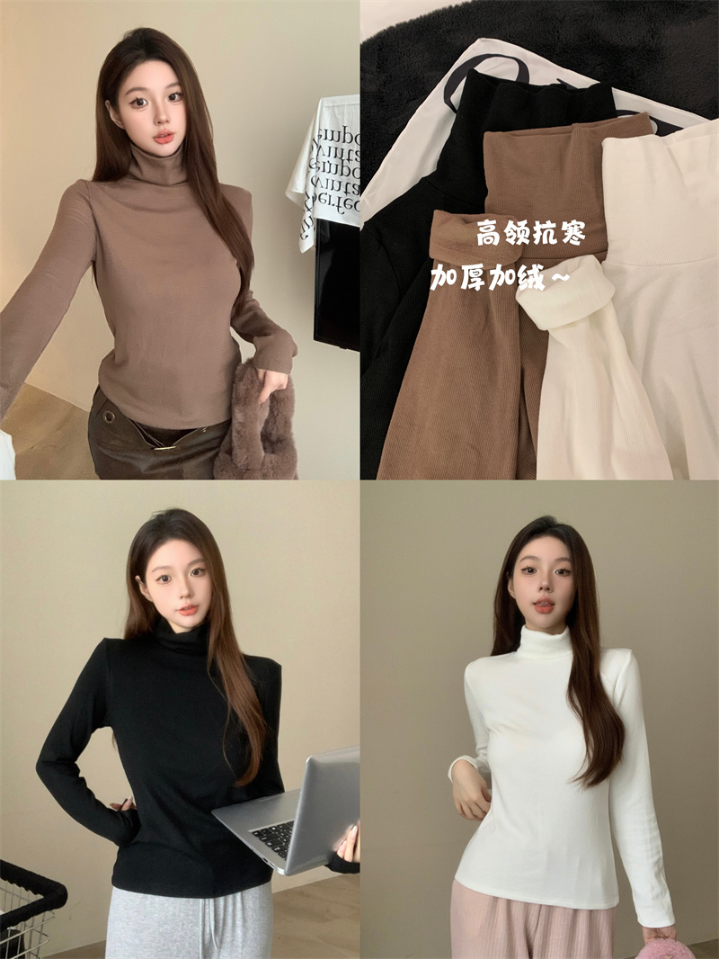 Actual shot of the new Hong Kong-style high-neck brushed ribbed cotton slim-fitting long-sleeved base layer top