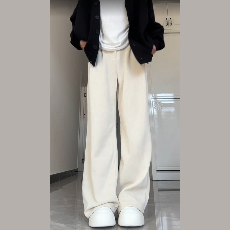 白色休閒針織闊腿褲女秋冬新款燈芯絨高腰顯瘦寬鬆直筒褲子厚
