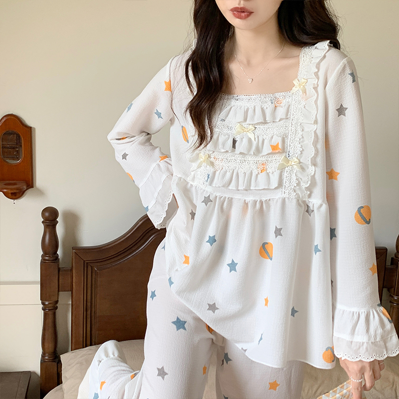 Aishang 2024 sweet fresh pajamas for women spring and autumn new style bubble cotton cute student home clothes set