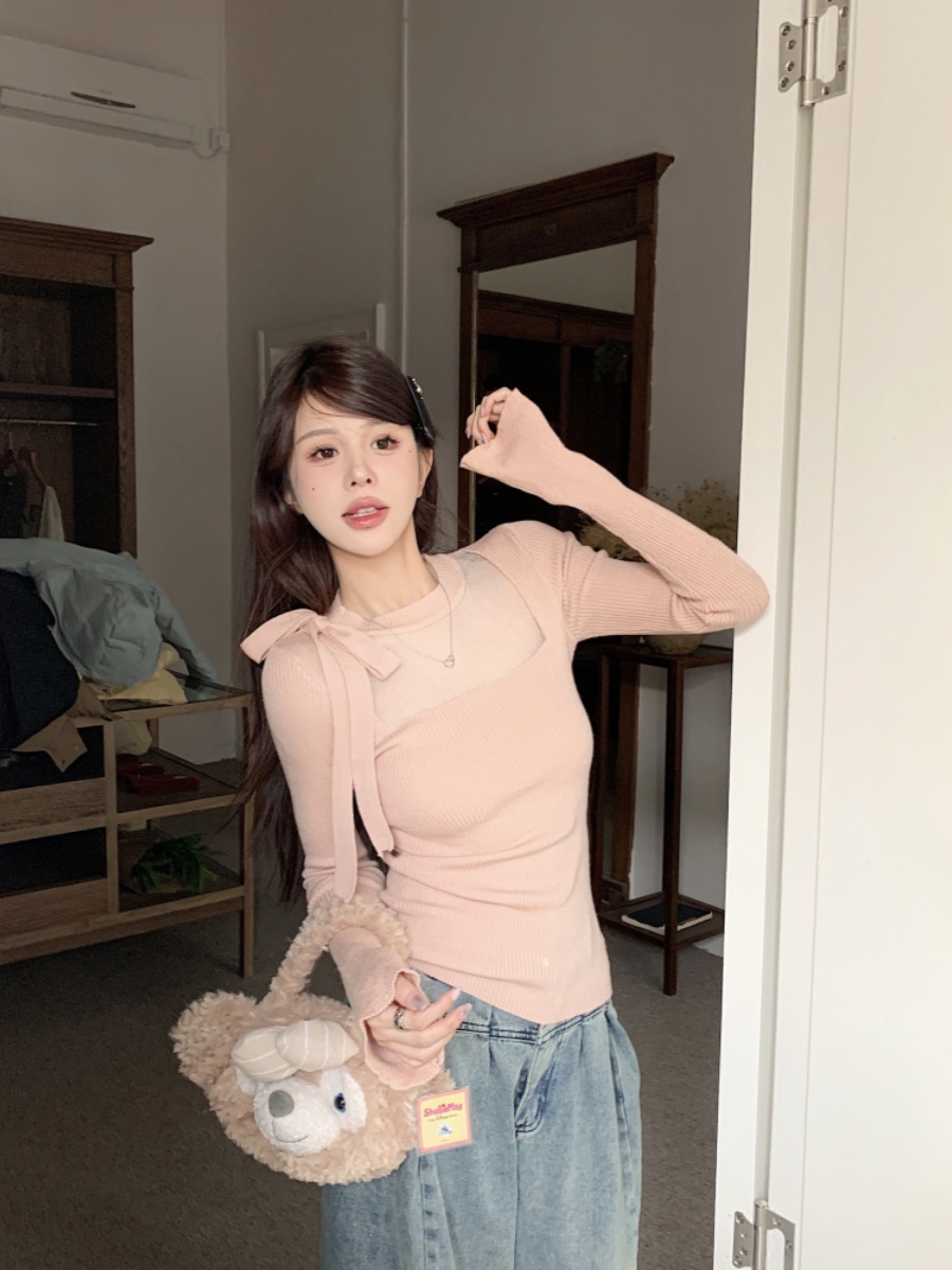 秋冬純欲粉色白色蝴蝶結內搭針織衫女高級感修身毛衣短款打底上衣