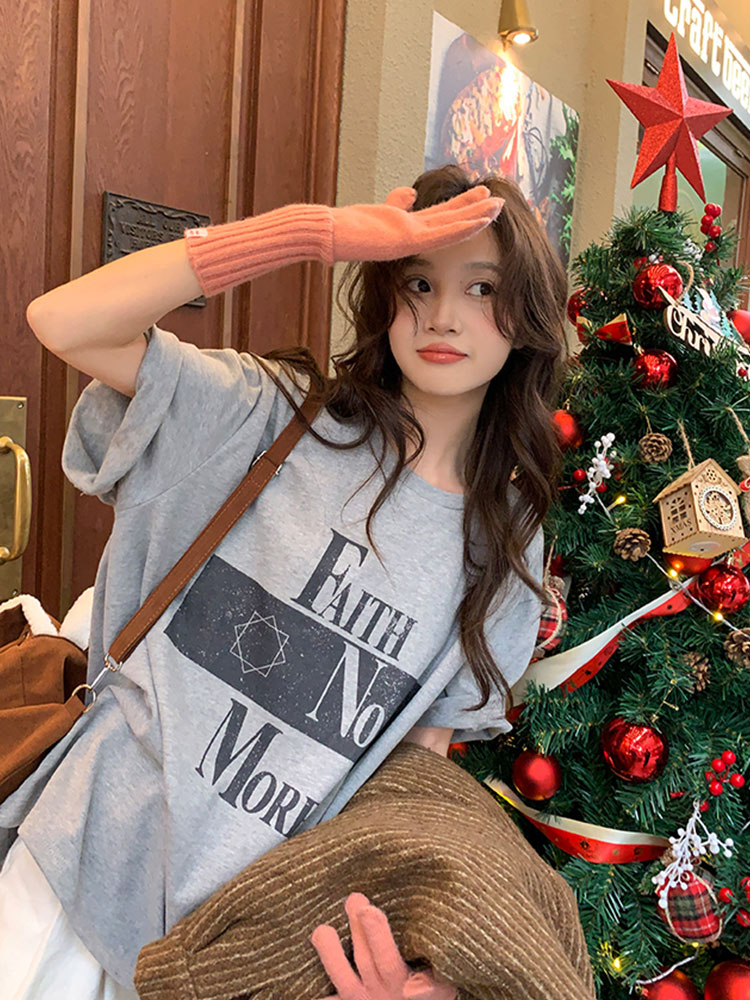 Xinbangbang homemade high street sweet and cool letter printed loose top casual gray round neck short-sleeved T-shirt for women in autumn and winter