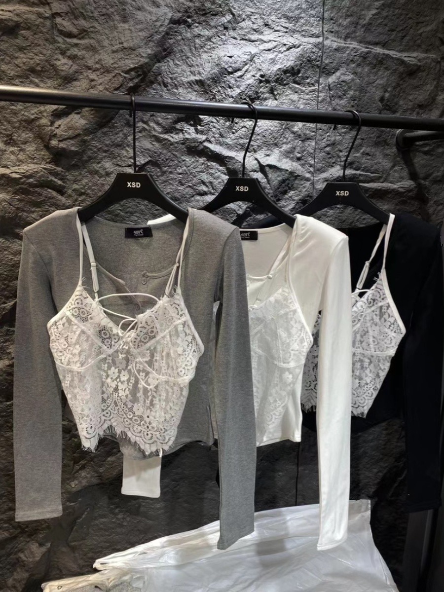 Pure lust style bow strap lace edge brushed bottoming T-shirt for women winter Korean version sweet hottie slim sexy t