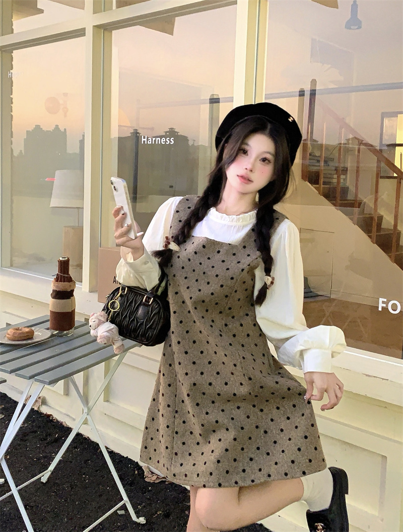 Real shot new versatile shirt polka dot vest dress two-piece set