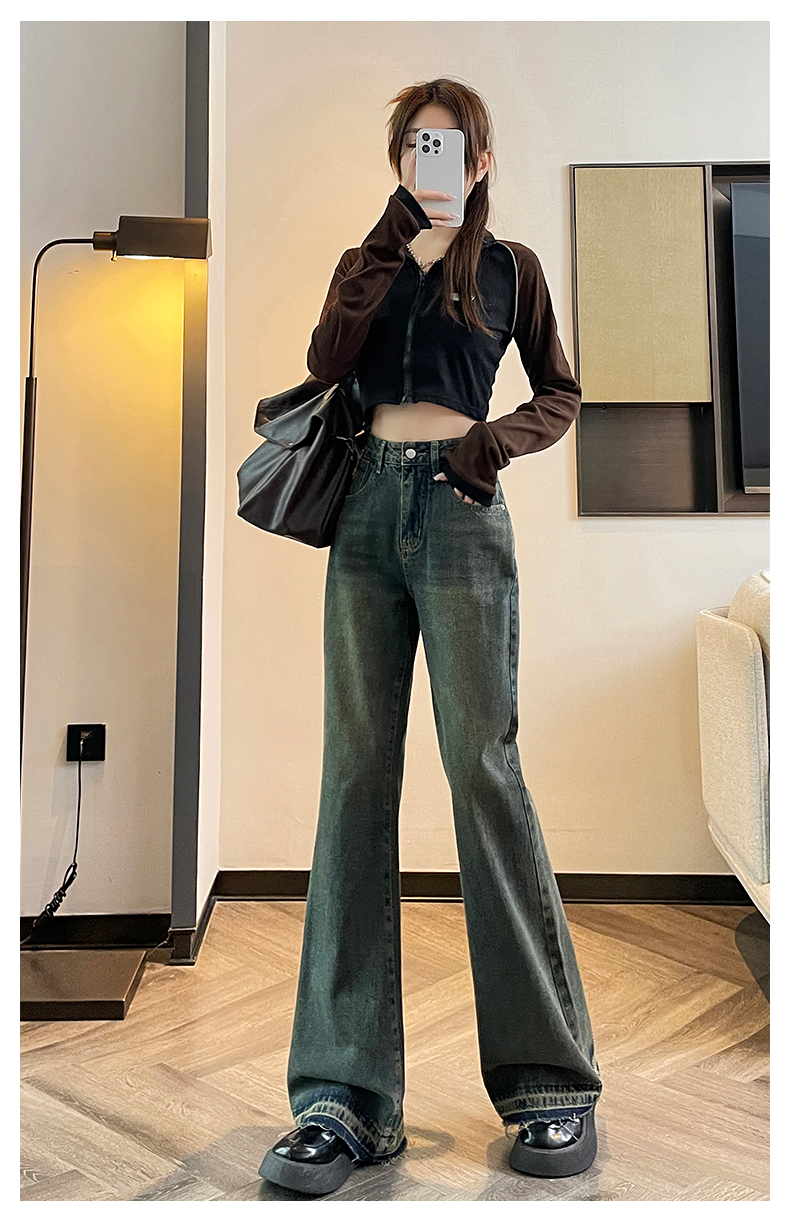 實拍2024早春時尚潮流拼接修身微喇美式復古牛仔褲女